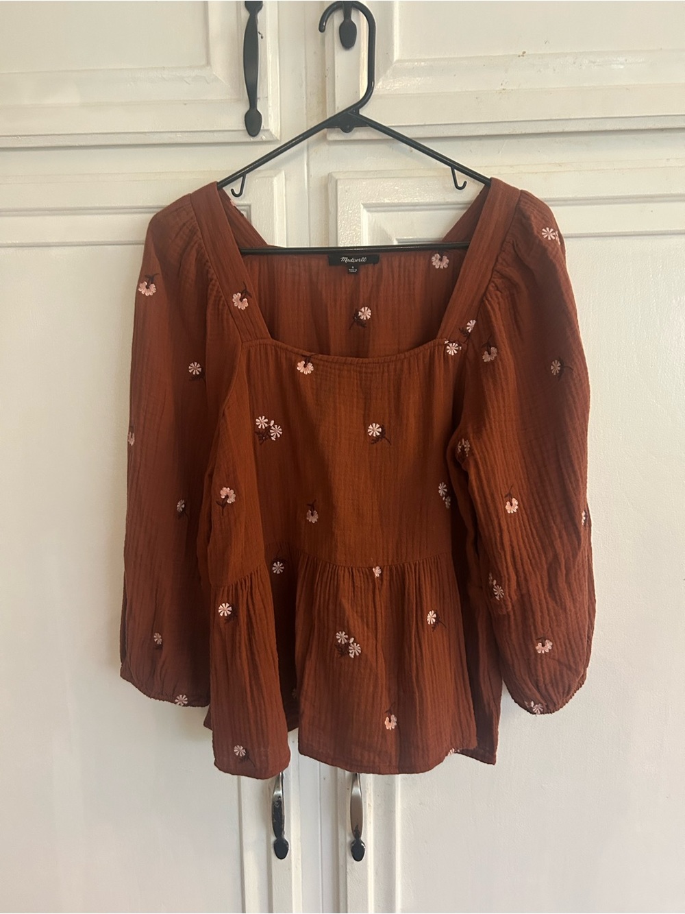 Madewell Rust Floral-Embroidered Square-Neck Peasant Blouse